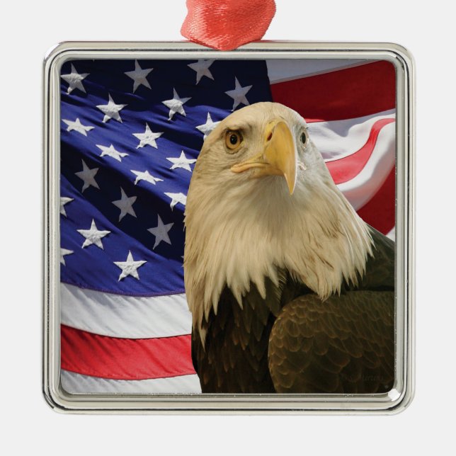 American Bald Eagle und Flag Silbernes Ornament (Vorne)