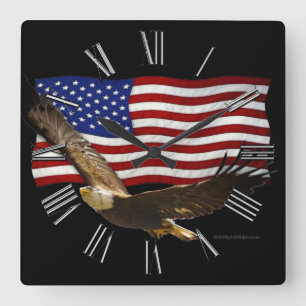 American Bald Eagle & US Flag Patriotic Art Clock Quadratische Wanduhr