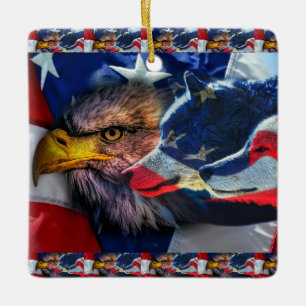 American Bald Eagle Wolf Flag Patriotic Keramikornament