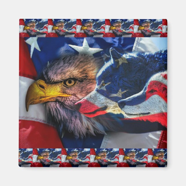 American Bald Eagle Wolf Flag Patriotic Magnet (Vorne)