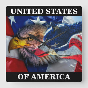 American Bald Eagle Wolf Flag Patriotic Quadratische Wanduhr
