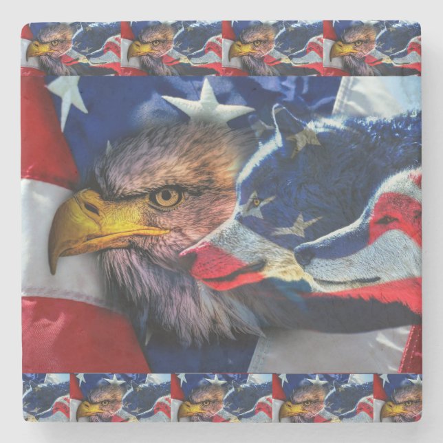American Bald Eagle Wolf Flag Patriotic Steinuntersetzer (Vorderseite)