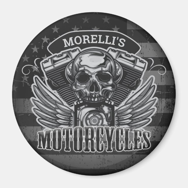 American Biker ADD NAME Skull V-Twin Motorräder Magnet (Vorne)