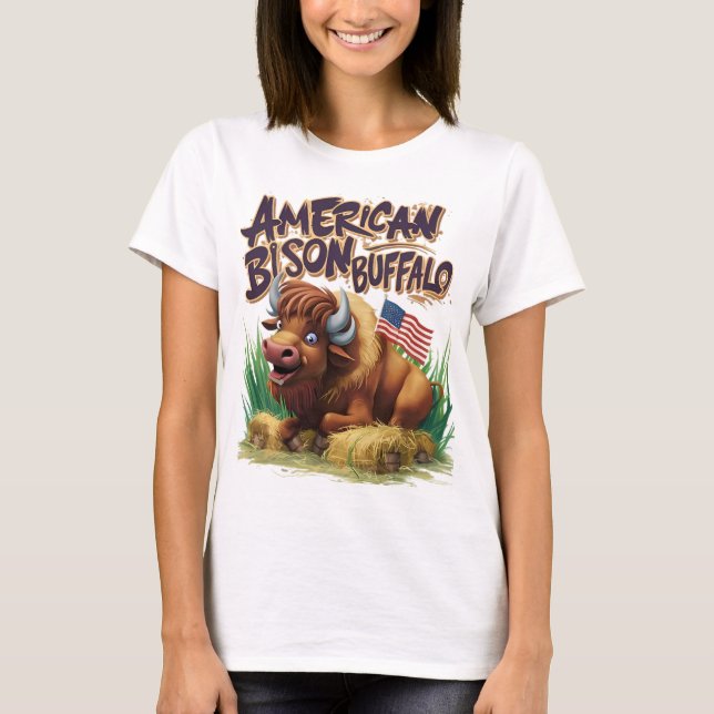 American Bison Buffalo mit amerikanischer Flagge T-Shirt (Vorderseite)
