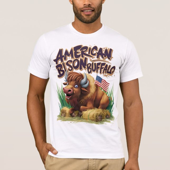American Bison Buffalo mit amerikanischer Flagge T-Shirt (Vorderseite)