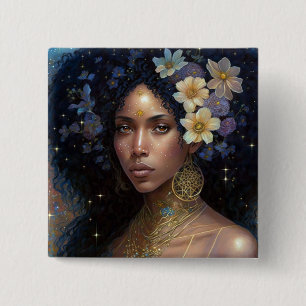 American Black Goddess Queen Fantasy Art B Button
