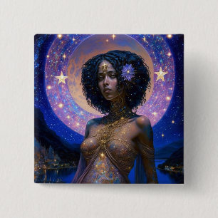 American Black Goddess Queen Fantasy Art B Button