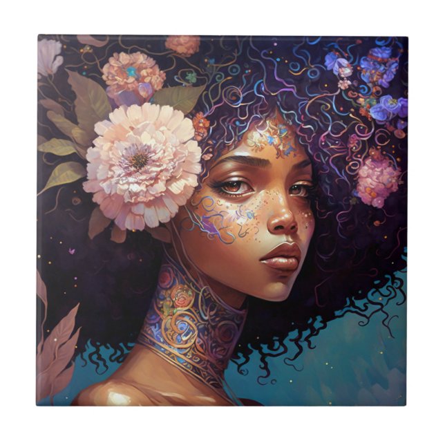 American Black Goddess Queen Fantasy Art Fliese (Vorderseite)