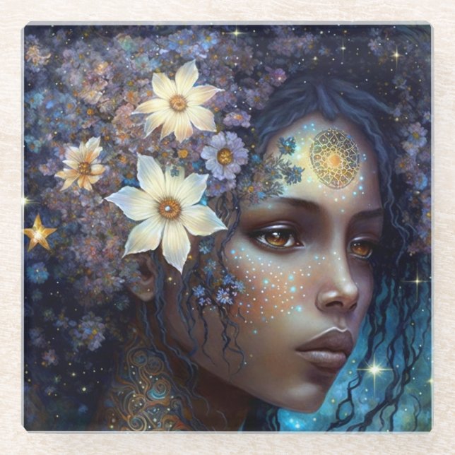 American Black Goddess Queen Fantasy Art G Glasuntersetzer (Vorderseite)