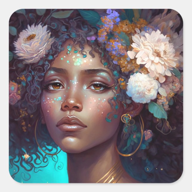 American Black Goddess Queen Fantasy Art S Quadratischer Aufkleber (Vorderseite)