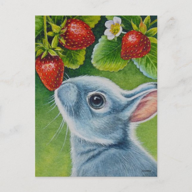 American Blue Rabbit & Strawberries Postkarte (Vorderseite)