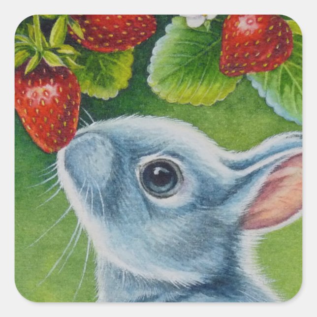 American Blue Rabbit & Strawberries Quadratischer Aufkleber (Vorderseite)