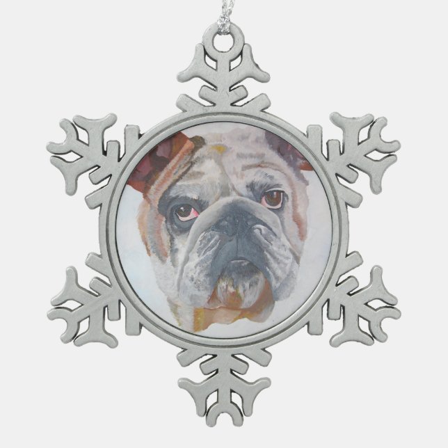 American Bulldog Artistic Pet Portrait Schneeflocken Zinn-Ornament (Vorderseite)