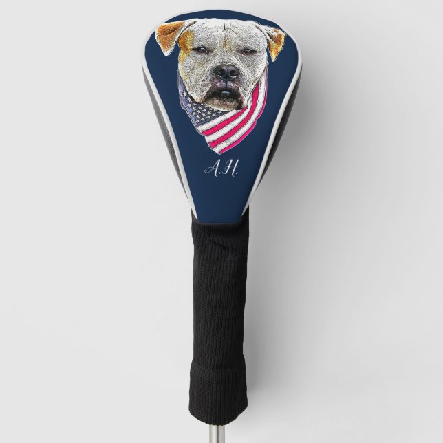 American Bulldog Hund mit Monogramm Golfkopf Golf Headcover (Vorderseite)