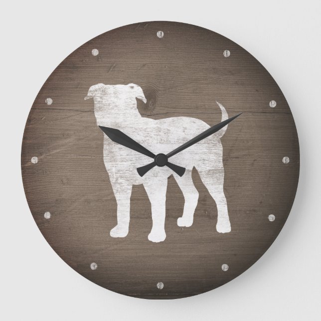 American Bulldog Silhouette Imitats Rustic Wood Große Wanduhr (Vorderseite)