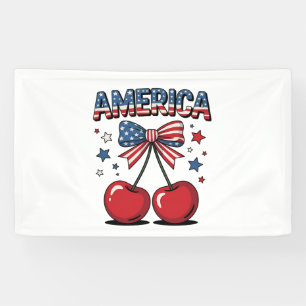 American Coquette Bow Cherry Aesthetic USA Flag Banner
