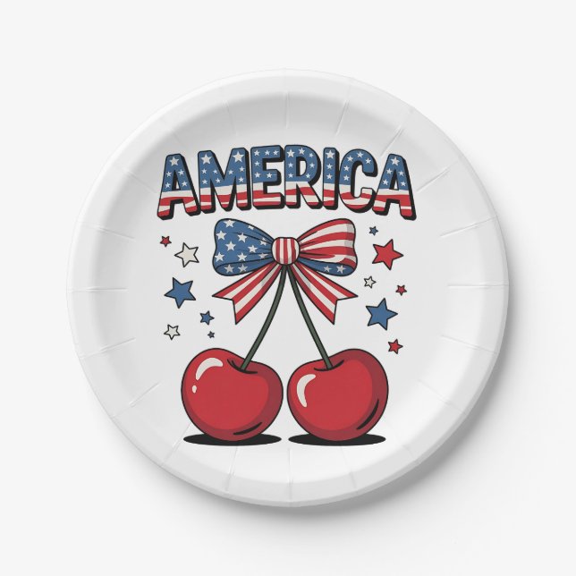 American Coquette Bow Cherry Aesthetic USA Flag Pappteller (Vorderseite)