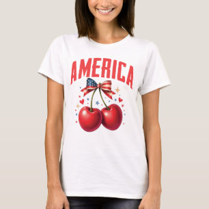 American Coquette Cherry Bow Patriotic USA T - Shi T-Shirt