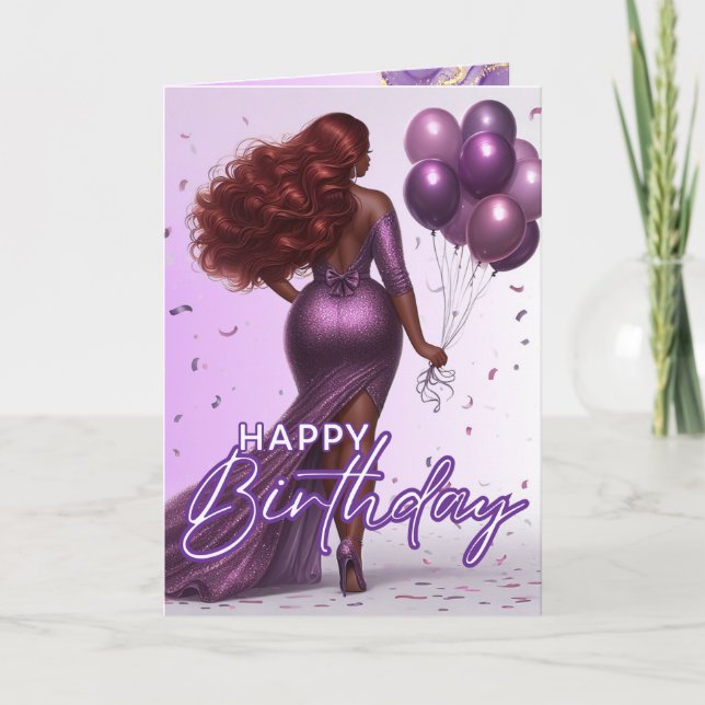 American Curvy Frauen Lila Glam Birthday Karte (Vorderseite)