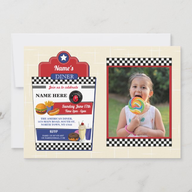 American Diner Birthday Party Burger Foto der 50er Einladung (Vorderseite)