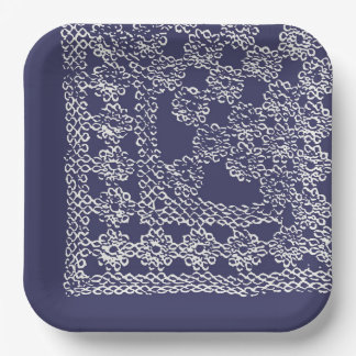 American Doily & Lace, Square Edge1, Cream on Blue Pappteller