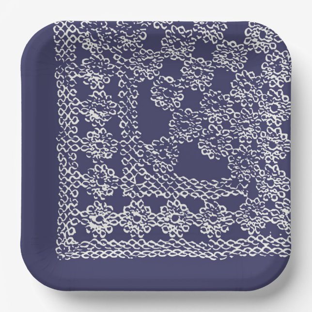 American Doily & Lace, Square Edge1, Cream on Blue Pappteller (Vorderseite)