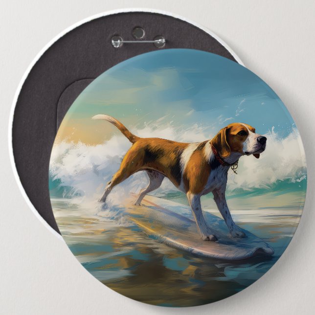 American English Foxhound Beach Surfing Painting Button (Vorne & Hinten)