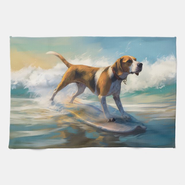 American English Foxhound Beach Surfing Painting Geschirrtuch (Horizontal)
