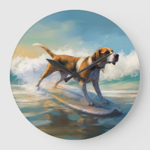 American English Foxhound Beach Surfing Painting Große Wanduhr