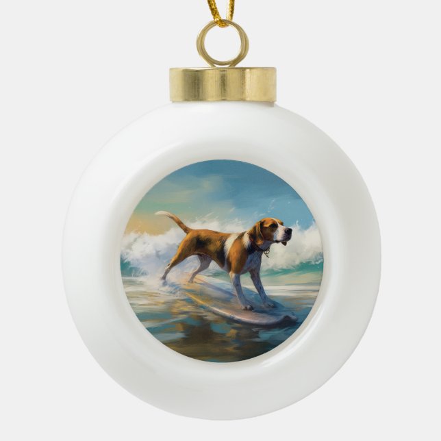 American English Foxhound Beach Surfing Painting Keramik Kugel-Ornament (Vorderseite)