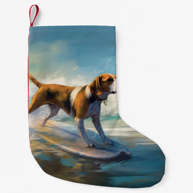 American English Foxhound Beach Surfing Painting Kleiner Weihnachtsstrumpf (Vorderseite)