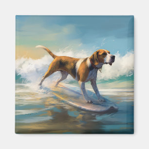 American English Foxhound Beach Surfing Painting Magnet