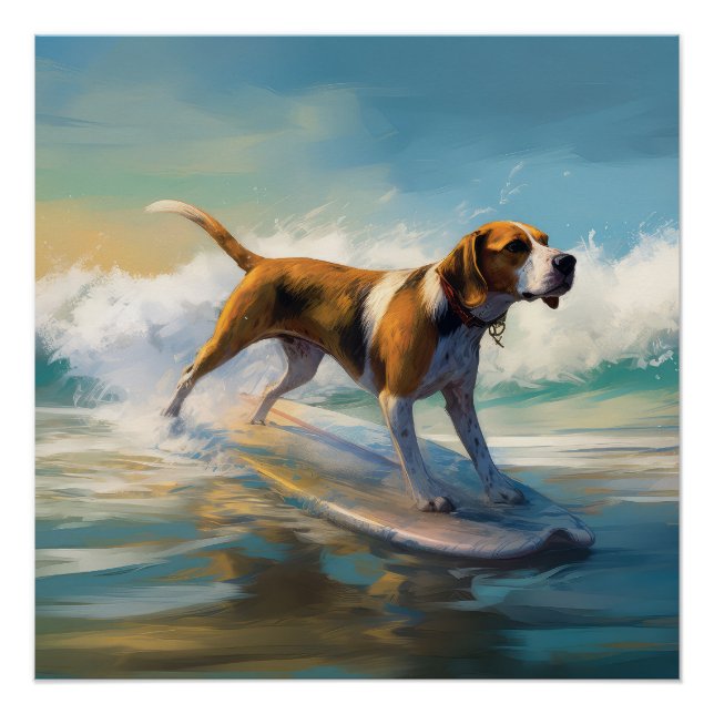American English Foxhound Beach Surfing Painting Poster (Vorderseite)