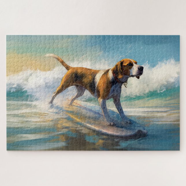 American English Foxhound Beach Surfing Painting Puzzle (Horizontal)