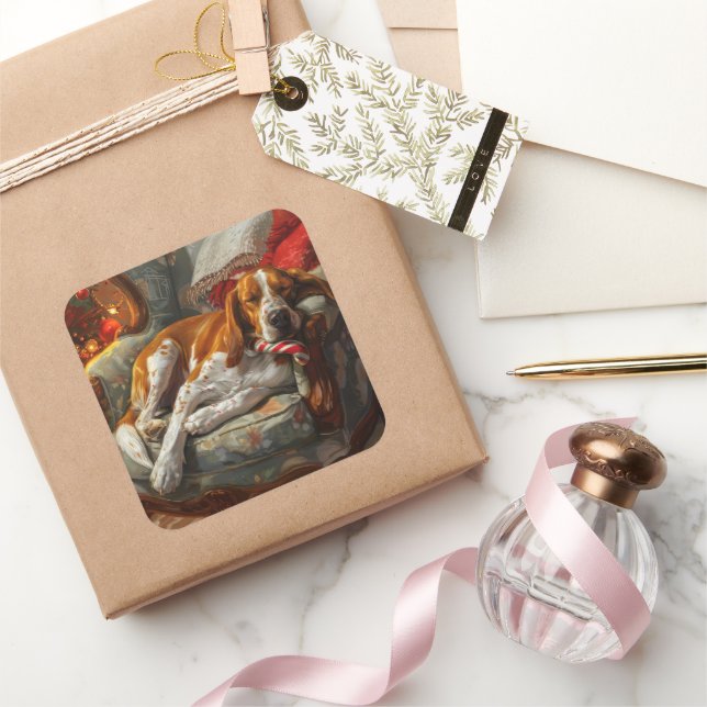 American English Foxhound Dog Weihnachtsfest Quadratischer Aufkleber (Schenken)