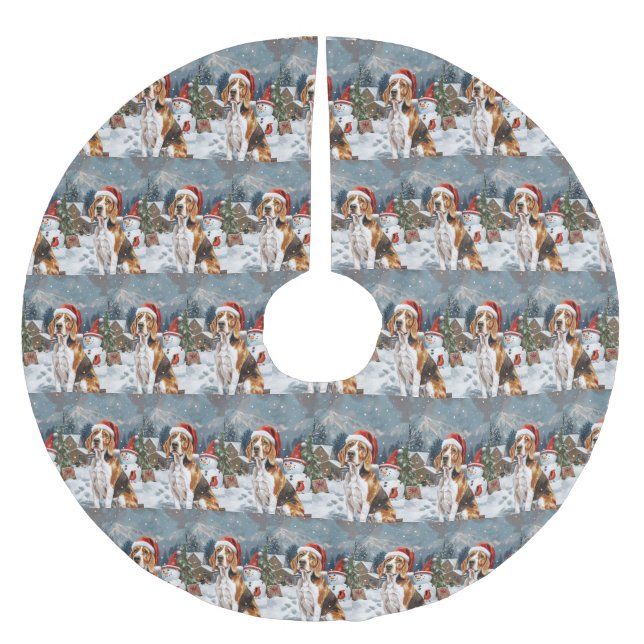 American English Foxhound Dog Winter Christmas Joy Polyester Weihnachtsbaumdecke (Vorderseite)