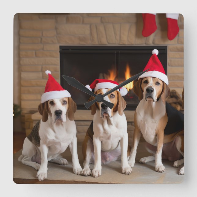 American English Foxhound Fireplace Weihnachten Quadratische Wanduhr (Vorderseite)