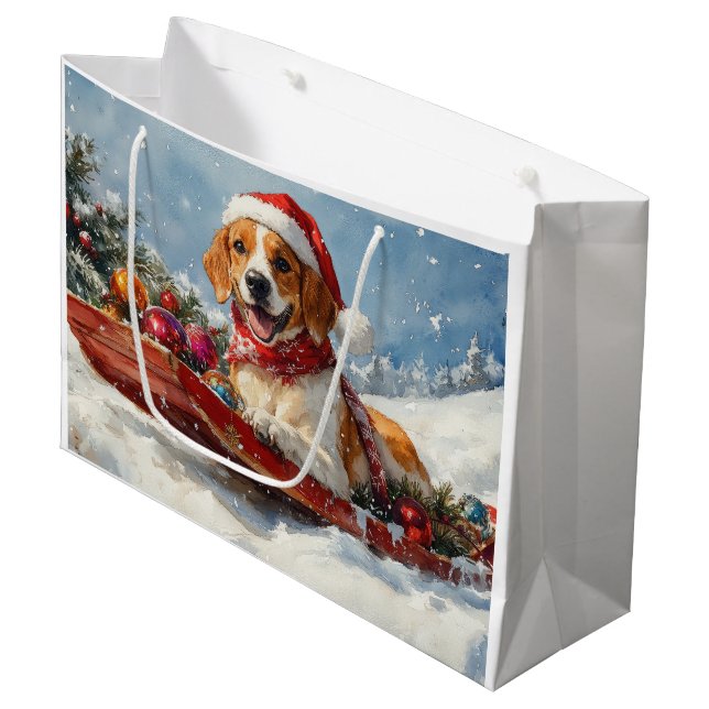 American English Foxhound in Sledge Christmas Große Geschenktüte (Vorderseite Schrägansicht)