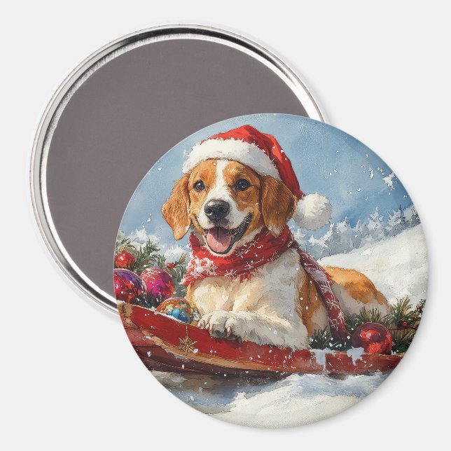 American English Foxhound in Sledge Christmas Magnet (Vorderseite/Rückseite)