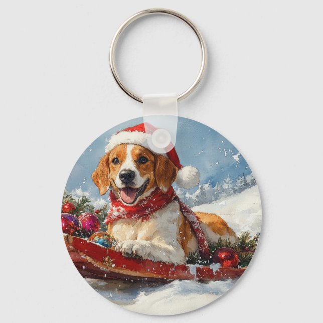 American English Foxhound in Sledge Christmas Schlüsselanhänger (Vorderseite)