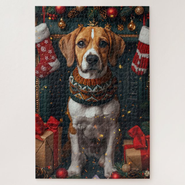 American English Foxhound mit Weihnachtsgeschenken Puzzle (Vertikal)