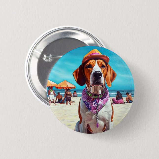 American English Foxhound on Beach, Sommergeschenk Button (Vorne & Hinten)