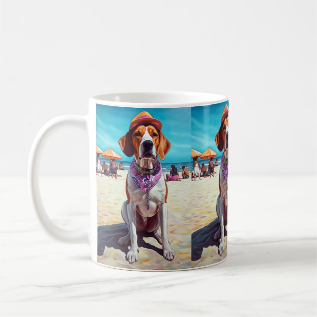American English Foxhound on Beach, Sommergeschenk Kaffeetasse (Links)