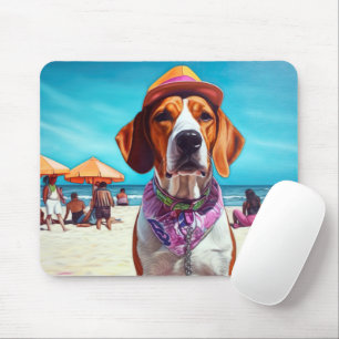 American English Foxhound on Beach, Sommergeschenk Mousepad