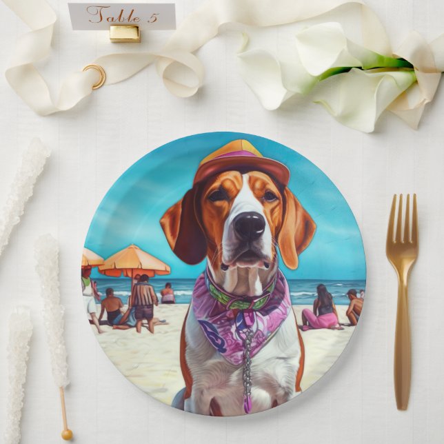 American English Foxhound on Beach, Sommergeschenk Pappteller (Hochzeit)