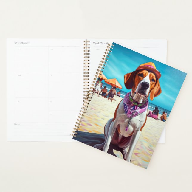 American English Foxhound on Beach, Sommergeschenk Planer (Anzeige)