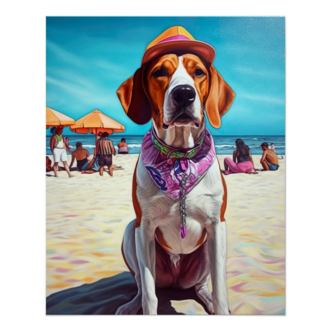 American English Foxhound on Beach, Sommergeschenk Poster (Vorderseite)