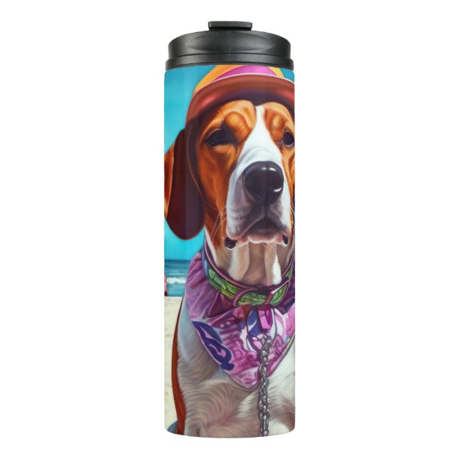 American English Foxhound on Beach, Sommergeschenk Thermosbecher (Vorderseite)