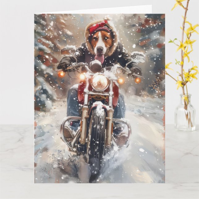 American English Foxhound Riding Bike Weihnachten Karte (Gelbe Blume)