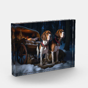 American English Foxhound Snowy Sleigh Weihnachten Fotoblock